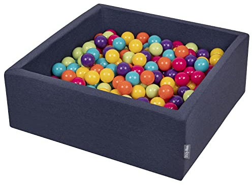 KiddyMoon Bällebad 90X30cm/300 Bälle ∅ 7Cm Bällepool Mit Bunten Bällen Für Babys Kinder Quadrat, Dunkelblau:H.Grün/Gelb/Türkis/Orange/D.Pink/Violet