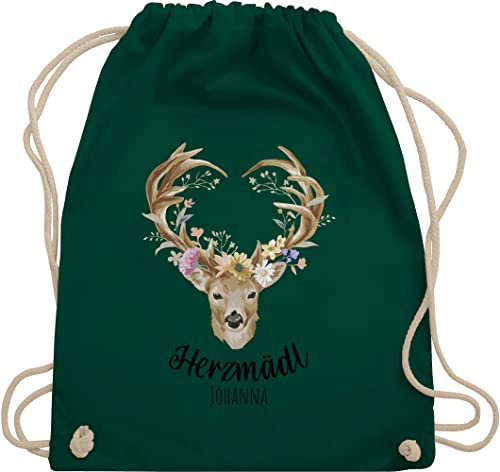 Turnbeutel Rucksack - Kompatibel Oktoberfest - Herzmädl Hirsch Geweih Hirschgeweih Madl - Unisize - Dunkelgrün - oktoberfest-tasche trachten name turnsack trachtenrucksack bayrisch herz rucksäcke