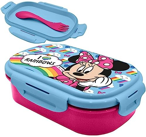 Lonchera rectangular con tenedor de Minnie Mouse, dos compartimentos, a prueba de fugas, apta para microondas y sin BPA, adecuada para niños de 3 años en adelante, tamaño: 21 cm