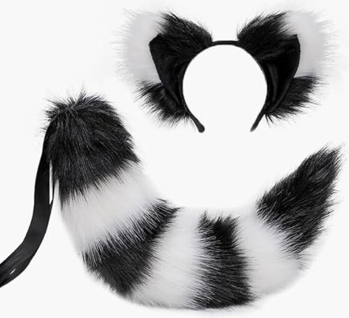 NICEYEA Halloween Cosplay Kostüm Fuchs Ohren und Schwanz Set Kunstpelz Katze Wolf Waschbär Ohren und Schwanz Set Tier Pelzschwanz Ohren Stirnband Halloween Weihnachten Rollenspiel (Schwarz und weiß)