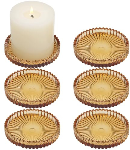 HofferRuffer Kerzenteller Kerzenständer Glas 6er Set,10cm rund Kerzenhalter,Kerzenleuchter für Stumpenkerzen,Teelichter,Bernstein