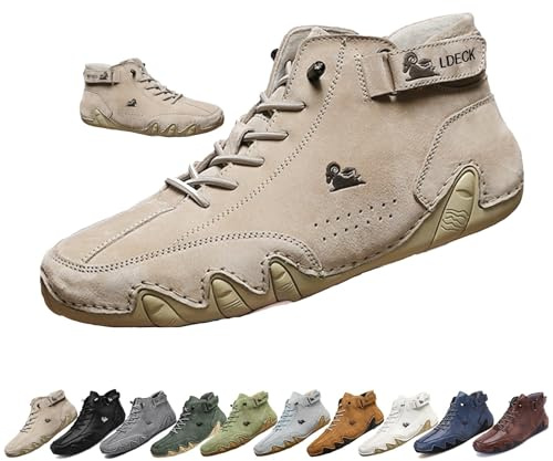 Uomo Stivali Alti in Pelle Scamosciata Fatti a Mano, Beck Scarpe Uomo Impermeabili Antiscivolo Leggere Traspiranti Stivali Uomo for l'escursionismo e la Guida (Color : Cachi, Size : 43 EU)