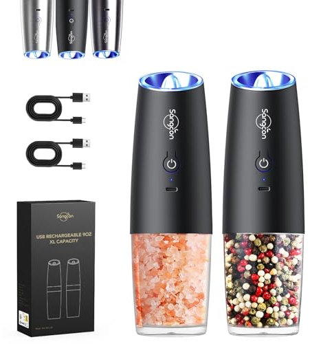 Sangcon Gravity - Juego de molinillos eléctricos de sal y pimienta (recargable por USB, luz LED, operación con una sola mano, molienda automática, grosor ajustable (negro)