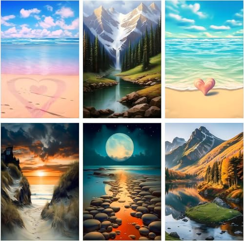 DOTZSO Diamond Art Kits for Adults 6 PCS DIY Full Diamond Art kit with Crystal Cross Stitch Picture Art and Craft for Adult Beginners 12x16 Inches (Landscape Beach)