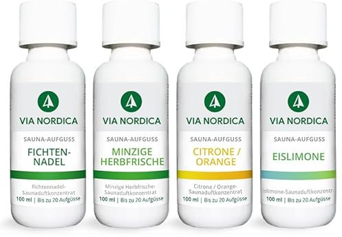 VIA NORDICA Saunaaufguss Set [AtemFrei-Komplex Formel] Saunadüfte & ätherische Öle - Tolles Saunaaufguss Probierset, Saunaöl Saunaduft Sauna-Zubehör Wellness Aufguss Duftöl - Set Saunaspass