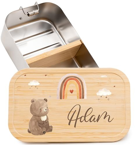 Kidsmood - Personalisierte Brotdose Kinder mit Fächern – Edelstahl Snackbox mit Fächern für Schule & Kindergarten – Lunchbox mit Bambusdeckel für Einschulung Mädchen & Jungen [Bär-Regenbogen]