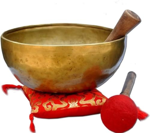 Tibetansk hamrad tibetansk gammal antik himalaya 7 metall meditation sjungskål set, handgjord Himalaya brons, med klubba och kudde för helande bön, yoga (8 tum)