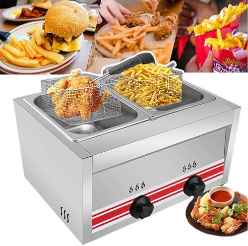 LSHFYV Friteuse a Gaz, Friteuse à Gaz Professionnelle Gpl, Friteuse Commerciale en Acier Inoxydable avec Paniers Et Couvercles De Friteuse pour Frire des Aliments Cuisiner,Doublecylinder10l+10l