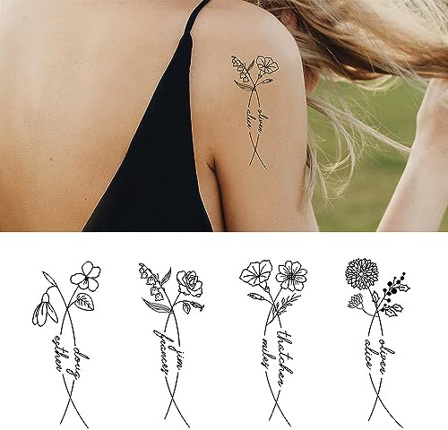 2 Namen Benutzerdefinierte Temporary Tattoo Blumenstrauß Tattoo Design | Geburtsmonat Blume Tattoo Geburtsblumen Tattoo Geschenk für Mama | Blumen Namen Tattoo | Personalisierte Tattoos
