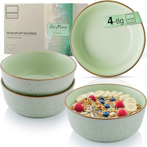 SÄNGER Rio Minze Steingut Schüssel Set 4 teilig, Müslischalen | 4 Personen, Schalen multifunktional, kratz- mikrowellen- spülmaschinenfest, Tiefe Teller mintgrün 600 ml