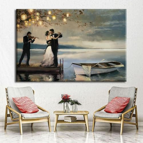 Ölgemälde „Abstrakter romantischer Tanz am Fluss“, Druck auf Leinwand, Musik, moderne Kunst, Poster für Schlafzimmer, Wohnzimmer, Dekoration, 70 x 100 cm, rahmenlos