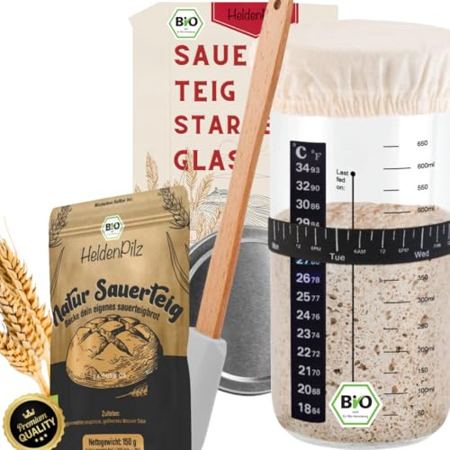 HeldenPilz® BIO Dinkelsauerteig Komplett-Set – Gärglas (600ml) + Spatel + Thermometer | Dinkelbrot selber backen ohne Hefe | Natursauerteig mit Anleitung & Rezepten | Nachhaltig