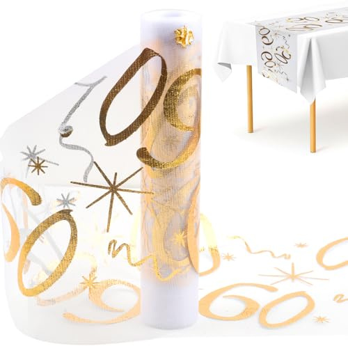 Tischläufer 60 Geburtstag, 28cm x 10m Tischläufer Geburtstag Polyester | Glänzend Gold Party Deko 60 Geburtstag Tischband für 60 Jährige Mann und Frau