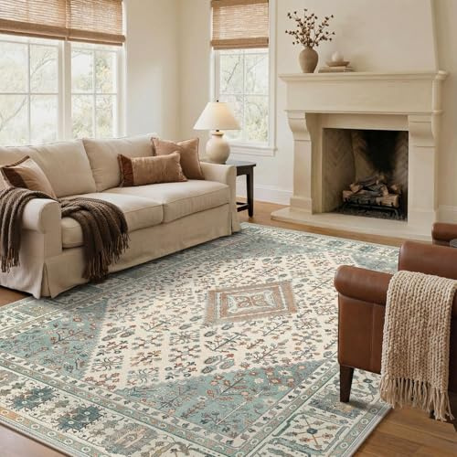 GENIMO Orientalischer Vintage Teppich Salbeigrün, Waschbar, 200x290 cm | Klassisches orientalisches Medaillonmuster in Salbeigrün, waschbar, pflegeleicht und rutschhemmend – für große Wohnbereiche.