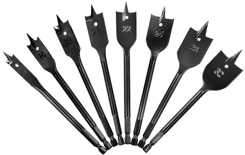 QWORK® 8Pcs Spade Drill Bits Set, 12-32 mm Flat Wood Drill Bit with 1/4 inch Hex Shank, Carbon Steel Spade Drill Bit with Portable Case