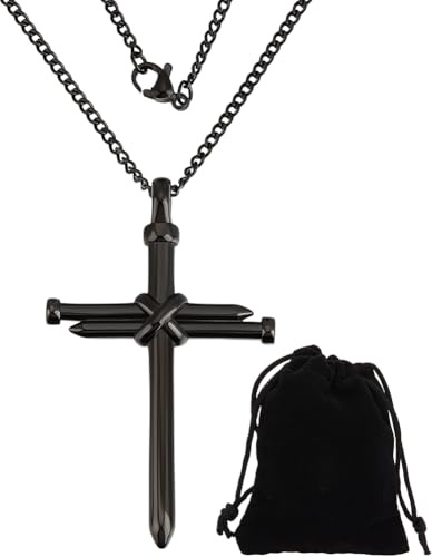 Beebeecraft 1 Scatola Collana Croce Chiodo per Uomo 304 Collana Crocifisso Nero in Acciaio Inossidabile Ciondolo Croce Cristiana con Catena da 22 Pollici Regali di Compleanno