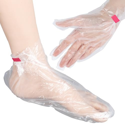 YUXIANLB 200PCS Plastic Disposable Socks Foot Covers Pedicure Booties Sock Foot Bags Hand Feet Paraffin Feet Mask Socks Spa Gloves with 200PCS Stickers Moisturizing Sock Daily Skin Care