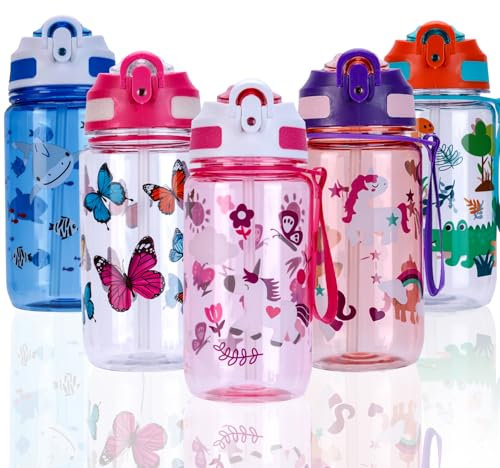 SUPPRUI Trinkflasche Kinder, 600ml Kindertrinkflasche mit Strohhalm, BPA-freie Kinder-Wasserflaschen, Sportwasserflasche mit Auslaufsicherem Flip-Top-Deckel für Mädchen und Jungen (Rosa-Unicorn)