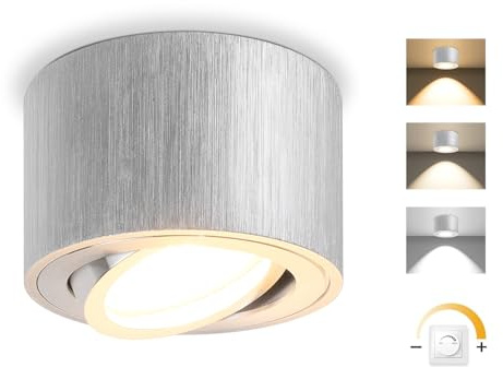 GeyouLux LED Aufbauspots Dimmbar, Ø80x50mm Deckenspot Alu Gebürstet 1 Stück | Extra Flach & 30° Schwenkbar, inkl. 5W 500LM LED Modul 230V, 3000K/4000K/6500K Aufbauleuchte Aufputz Spots Aufbaustrahler
