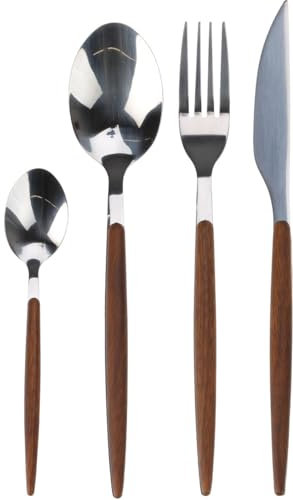 Envenzo Cutlery Set of Spoon Fork Knife Stainless Steel Set 16 PCS with Wooden Handles Kitchen Dining Table by Envenzo
