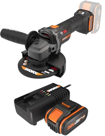 PACK WORX NITRO Meuleuse d'Angle sans Fil Brushless 20V WX814.9 + Batterie 4Ah, chargeur rapide, disque 125 mm, 8600 tr/min, Multimatériaux, capot de protection, Disque de meulage pour métal