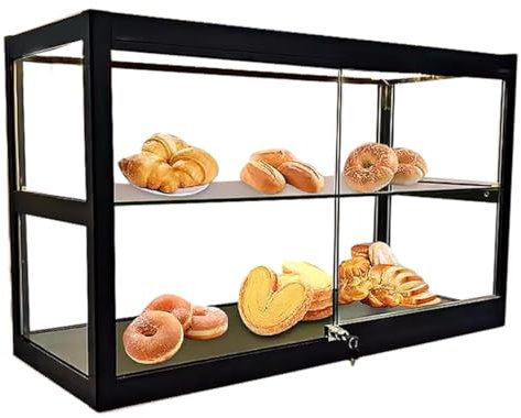 2-stufige Gebäckvitrine, Arbeitsplatte, Gewerbliche Bäckerei-Ausstellungsvitrine, Lagerschrank, Metall-Ausstellungstischplatte, Vitrine Aus Gehärtetem Glas, Glasschiebetüren Mit Schloss(Black,100cm)