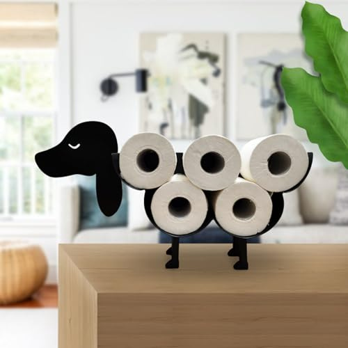 acfeco Freistehender Toilettenpapierhalter für 42mm Rollen, Klopapierhalter für 7 PapierrollenKlorollenhalter Stehend Schwarz, Toilettenpapierständer für Toilette Badezimmer(Hund)