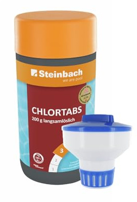 Steinbach Poolpflege-Set | Chlordosierschwimmer Maxi Ø 17 cm & Chlortabs 200 g, 1 kg | für Dauerdosierung | Verstellbarer Dosierregler | für Pools & Salzwasser geeignet | platzsparend faltbar