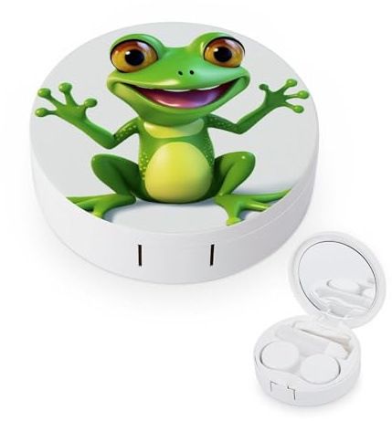 BVKWNTSA Der tragbare, runde Kontaktlinsenbehälter mit grünem Frosch ist stilvoll und kompakt, leicht zu tragen und schützt die Linsen.