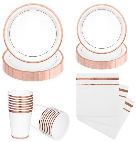 LAWALEISHE 96Pcs Rose Gold Paper Plates, Disposable Party Plates Cups and Napkins, 9 and 7 Strong Picnic Plate, Hot Stamped Party Tableware Set 24 Guests for Birthday Wedding