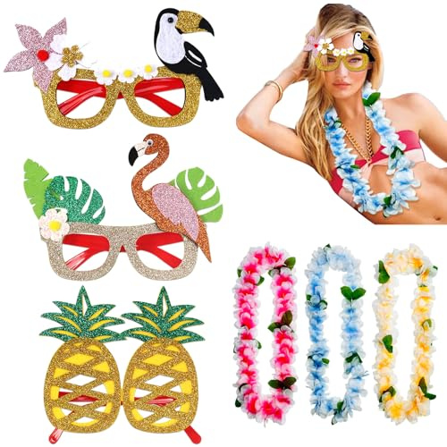 BSITSSS 6PCS Hawaii Party Deko, Beach Party Deko, 3PCS Blumenkette, 3PCS Blumenketten Hawaii, Hawaii Brille, Beach Party Accessoires für Kinder Erwachsene