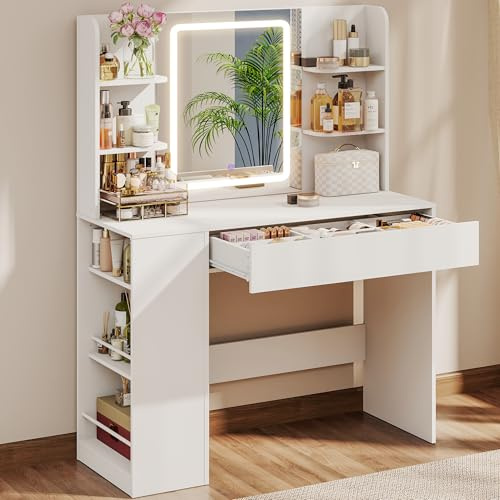YOSHOOT Dressing Table with LED Lighting Mirror, Vanity Table with 1 Drawer with Built-in Dividers, 3 Side Shelves, 4 Table Shelves, Makeup Desk for Cloakroom and Bedroom，90 * 39.8 * 135cm（White）