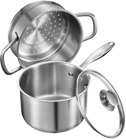 VEVOR Casserole en Acier Inoxydable 2,4 L avec Panier Vapeur, Poêlon avec Couvercle en Verre et Poignée Ergonomique, Antiadhésif, Lavable au Lave-vaisselle, Compatible avec Four et Plaque à Induction