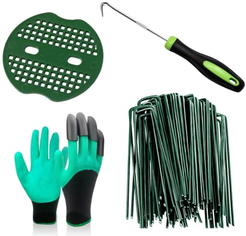 50 estacas de césped artificial verde + 50 arandelas amortiguadoras con 1 gancho para púa, 1 par de guantes de jardín para tela de barrera de malezas, cubierta del suelo, valla de sujeción y césped