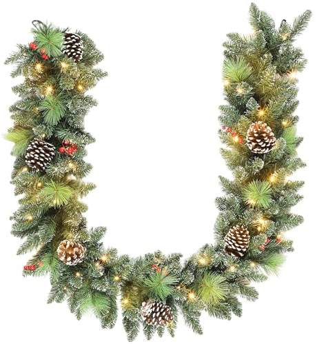 HOMCOM Ghirlanda Natalizia 180 cm con Rami Innevati e 30 Luci Bianche, Festone di Natale con 162 Punte, Pigne e Bacche, Decorazione Natalizia Ignifuga per Camino, Scale e Interni