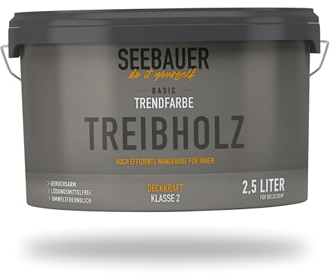 SEEBAUER diy Trendfarbe Graubeige 2,5L (No. T05 Treibholz) für den Innenbereich - Edelmatte Wandfarbe Greige - Hochdeckende Innenfarbe in Profi-Qualität