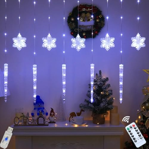 Weihnachtsbeleuchtung Fenster Lichtervorhang Innen Weihnachten, 3M 8 Modi LED Weihnachtsdeko Fenster Beleuchtet Lichterketten Vorhang, IP44 Schneeflocken LED Fensterbeleuchtung Weihnachten Deko (A)
