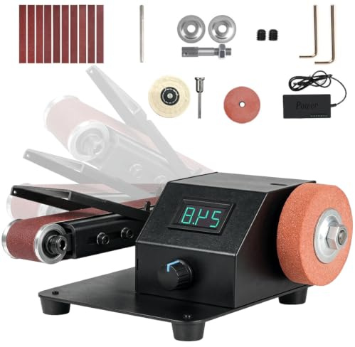 Mini Belt Sander, 350W Electric Belt Sanding Machine with Infinitely Variable Speed Mode and LED Display, Adjustable Angle Bench Grinder for Grinding Metal, Aluminum, Wood, Handmade DIY Hobby