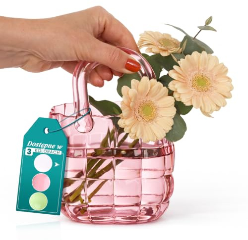 Comforder Florero de cristal, diseño florero, bolso de cristal para flores (14 x 9,5 x 22 cm), jarrón de cristal decorativo, decoración moderna para mesa de boda (rosa)