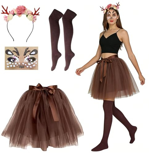 MINGJAY Costume Natalizio da Renna,4 Pezzi Costume Renna Donna Gonna,Rennas Natale Gonna Tutu,Donna Fascia Rennas Gonnas Corta di Tulle,per Carnevale Halloween Natale Festa