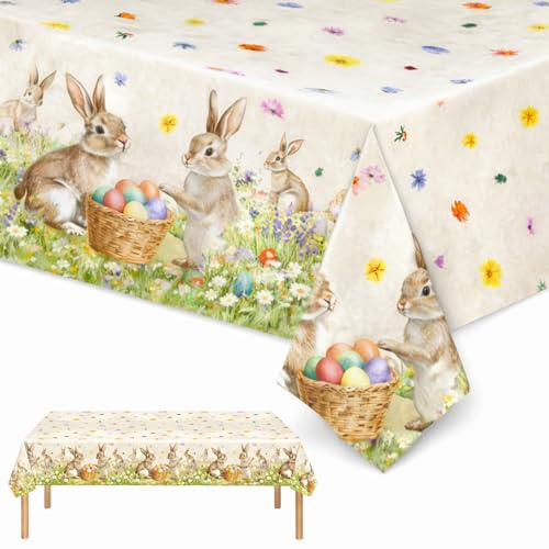 Tniytru Happy Easter Table Cloth - 137x274 cm Waterproof Wipeable Tablecloth, Rectangular Disposable PVC Table Cloths with Easter Egg & Rabbit Pattern for Party, Indoor Outdoor Easter Decorations