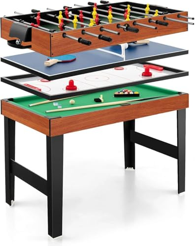 COSTWAY 4 en 1 Table de Baby-Foot avec Billard & Hockey & Tennis, Table Multijeux Empilable avec Marqueur Manuel, Jouet d'arcade pour Fête Bar Salle de Jeux, Accessoires Inclus, 125x97x83cm (Naturel)