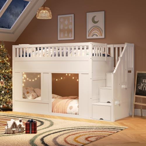Merax Kinderhochbett (90 x 200 cm), Etagenbett mit Treppenschrank und multifunktionalem Spielraum, Weiß, ohne Matratze, robust und sicher