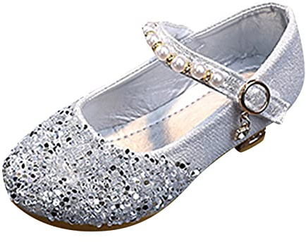 Generisch Sandali estivi alla moda per bambini, scarpe per il tempo libero, tacco basso, fibbia, perle lucide, paillettes, argento, 36 EU