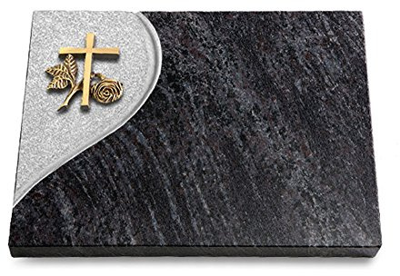 MEMORUM Grabmale Grabtafel, Grabplatte, Grabstein, Grabkissen, Urnengrabstein, Liegegrabstein Modell Folio 40 x 30 x 3-4 cm Orion-Granit, poliert inkl. Gravur (Bronze-Ornament Kreuz 1)