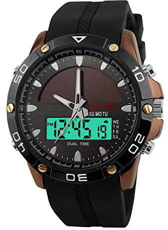 FeiWen Multifunktional Herrenuhr Outdoor Solar Uhren 50M Wasserdicht Analog Quarz LED Doppelte Zeit Digitaluhr Edelstahl Wählscheiben mit Kautschuk Band Sportuhr