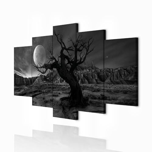 decomonkey Wandbilder Landschaft 100x50 cm 5 Teilig Leinwandbilder Wanddeko | Bild auf Leinwand, Kunstdruck, Wohnzimmer, Wanddekoration, Begre, Baum, Mond