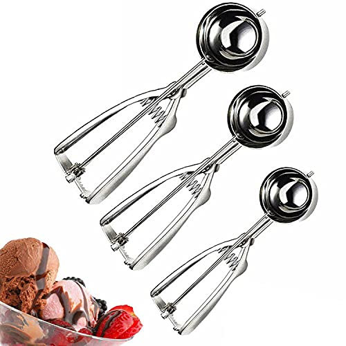 Hovico juego de cucharas para galletas, juego de 3 cucharas para helado, acero inoxidable 18/8, incluye cuchara de disparador para helado de tamaño grande y mediano