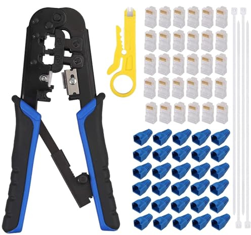 EYPINS Herramienta de Crimpado Crimpadora y Pelacables RJ45 con Enchufes de Datos Modulares RJ45 Cat5, 30 Conectores, 30 protectores de cabezal RJ45, 100 Bridas de Nailon