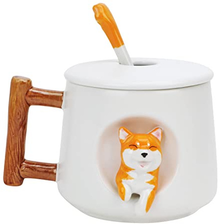 JIAHG 3D Mug Chien Mignon Créatif Tasses à Café Thé Lait en Porcelaine 401-500ml Mug Céramique Fait à Main avec Couvercle et Cuillère Idée Cadeau pour Hommes et Femmes